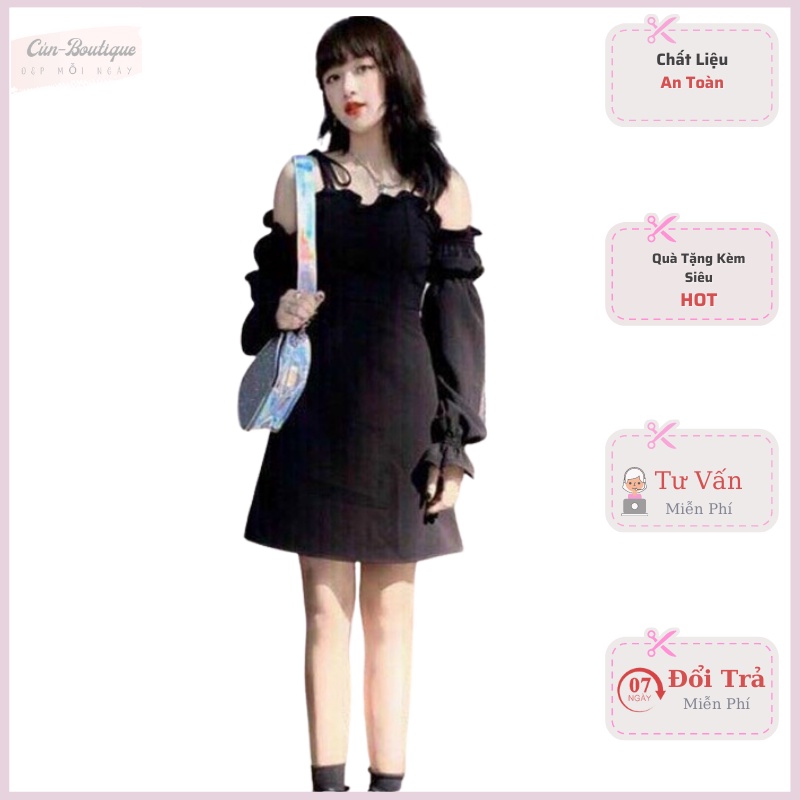 Đầm nữ hai dây trễ vai dài tay kate nhật from dưới 55kg mặc đẹp thời trang