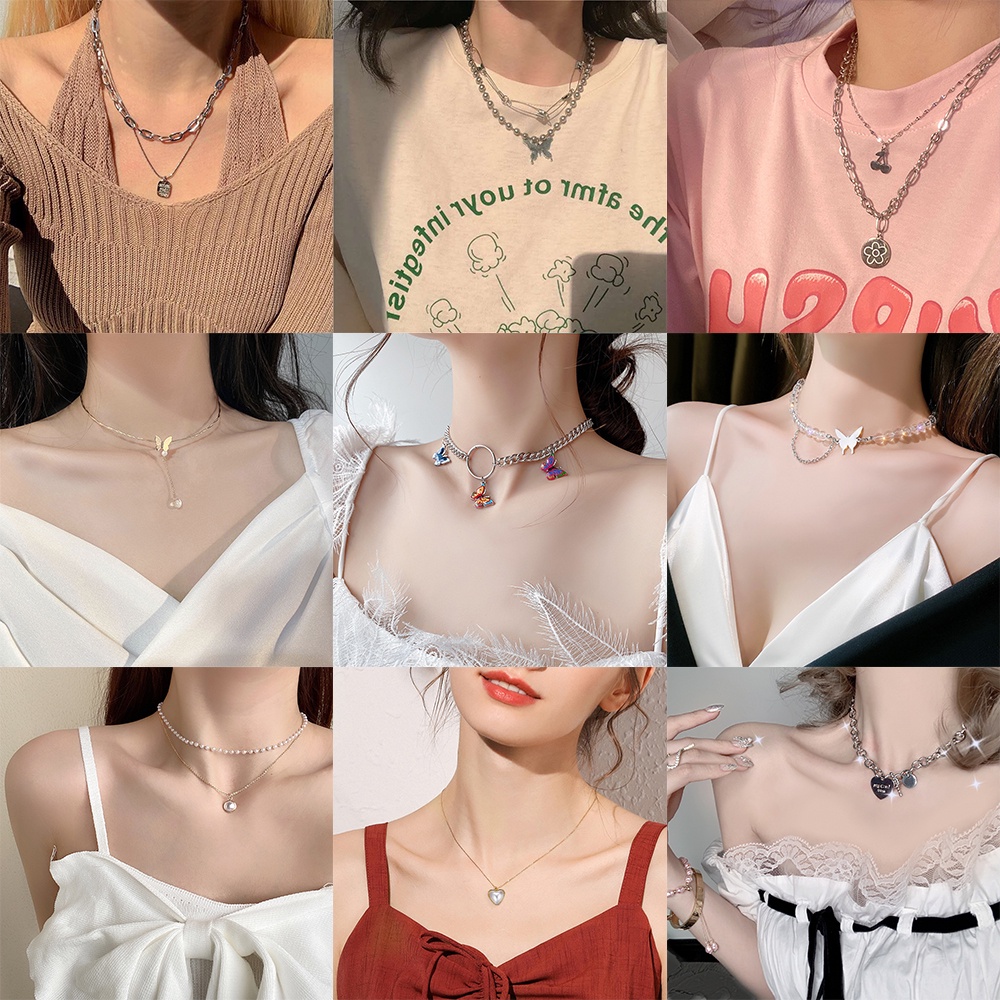 Vòng cổ choker dạng xích gắn hình trái tim/bướm/trăng/sao đính ngọc trai kiểu Hàn Quốc