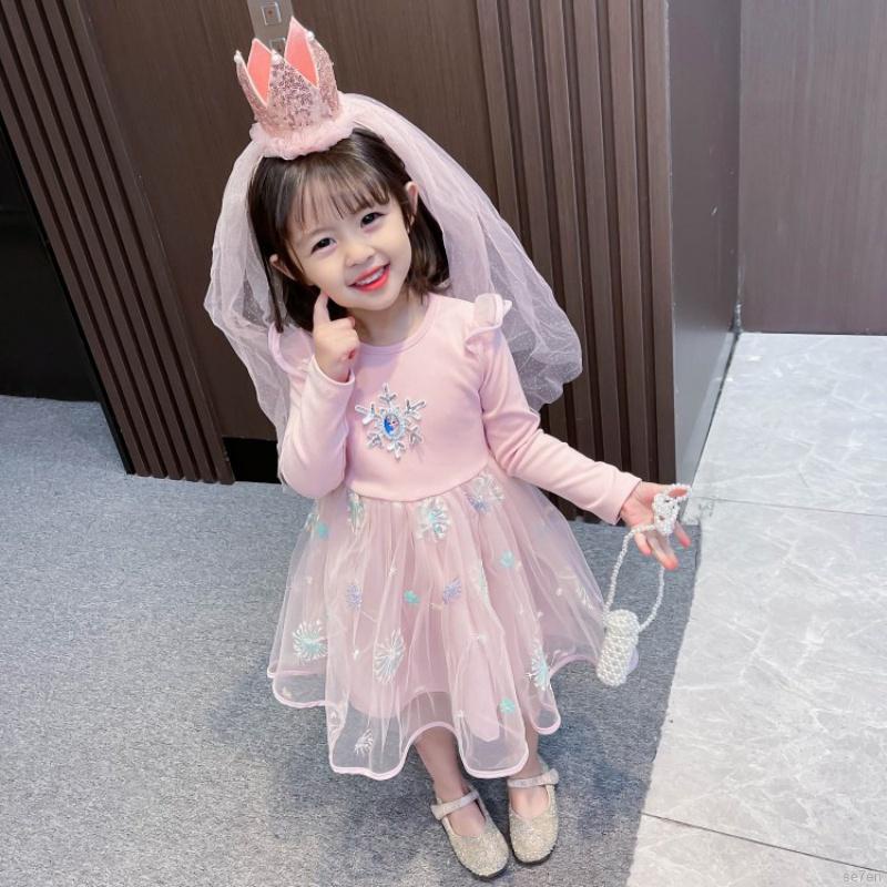 Đầm Công Chúa Tay Dài Phối Ren Cho Bé Gái Se7En