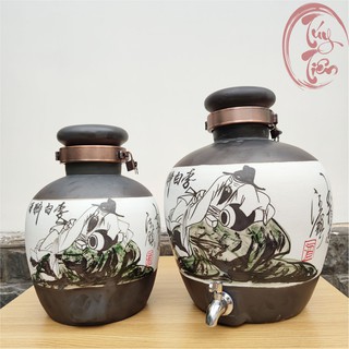 Bình gốm đựng rượu men đen Lý Bạch Say Thơ bình rượu gốm 10L tặng gáo rượu
