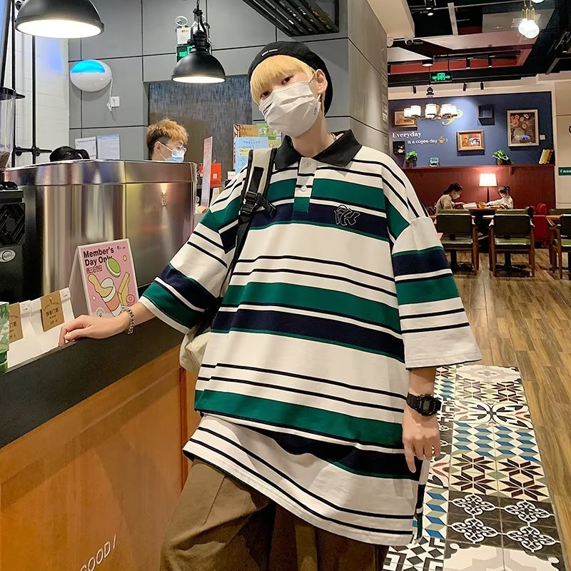 Áo Thun POLO Ngắn Tay Form Rộng Họa Tiết Kẻ Sọc Phong Cách Hiphop Đường Phố Hàn Quốc
