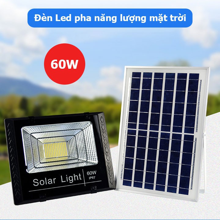 Đèn led pha năng lượng mặt trời 60w IP67 có remote tấm pin rời dây dài 5m - Bảo hành 12 tháng