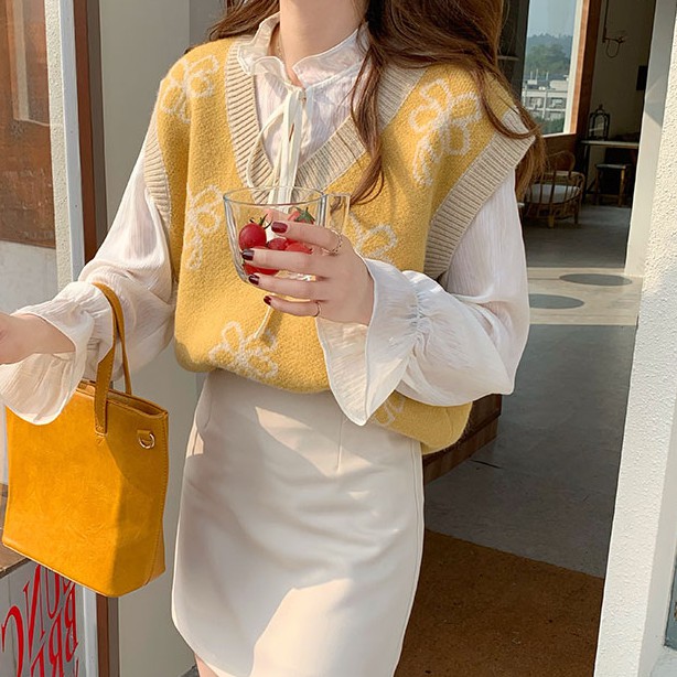 Áo Sweater Không Tay Cổ Chữ V Họa Tiết Hoa Xinh Xắn Cho Nữ