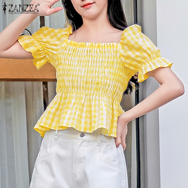 Áo kiểu ZANZEA tay phồng ngắn cổ vuông họa tiết sọc caro thời trang hè dành cho nữ