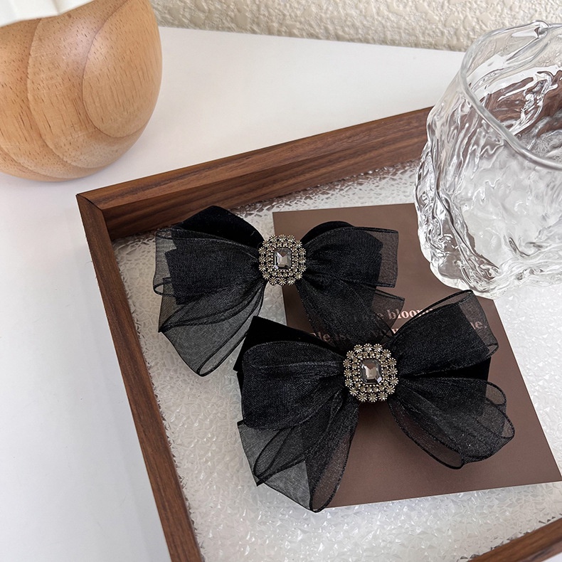 Kẹp Tóc Hình Nơ Lưng Đính Đá Phối Lưới Đơn Giản Xinh Xắn Dành Cho Nữ