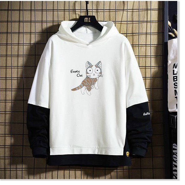 ÁO HOODIE NAM NỮ PHỐI TAY HAI MÀU HỌA TIẾT MÈO NGÁO NGƠ
