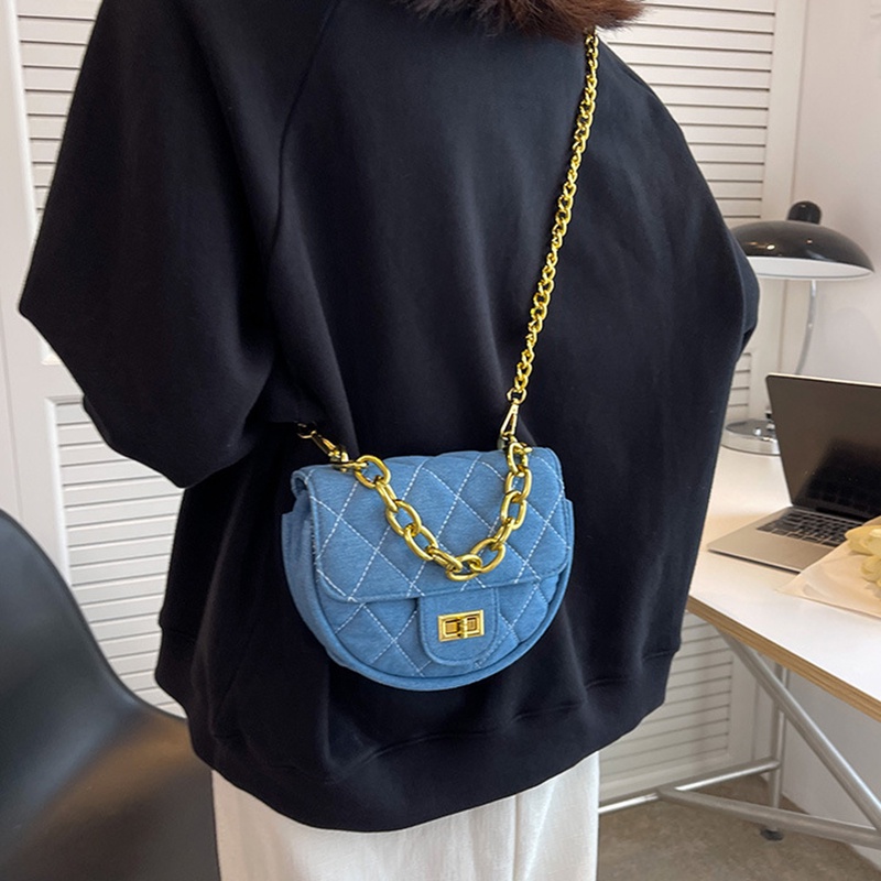 Túi Đeo Chéo Vải denim Phối Dây Xích Phong Cách Hàn Quốc Thời Trang Dành Cho Nữ