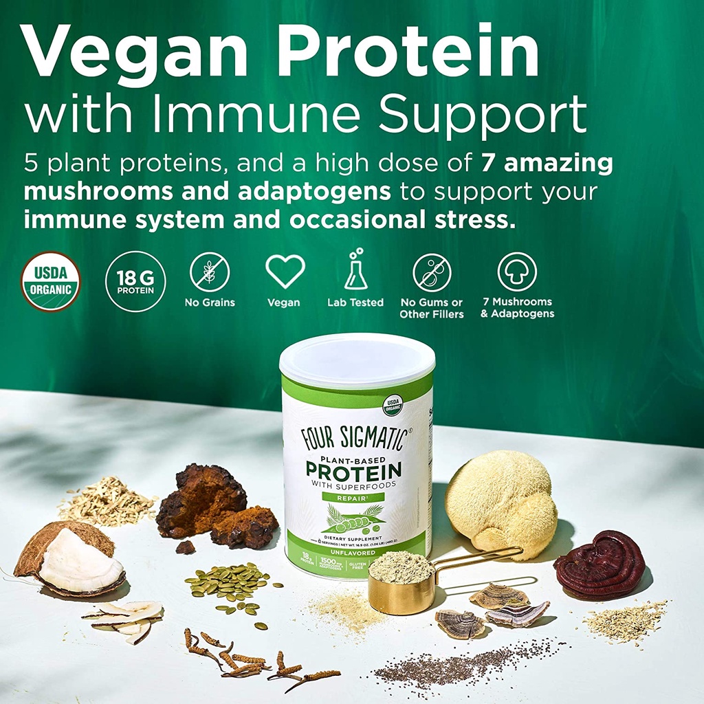 BỘT ĐẠM THỰC VẬT HỮU CƠ Four Sigmatic Superfood Protein, Organic Plant-Based, NẤM Chaga &amp; SÂM ẤN ĐỘ Ashwagandha, 480g