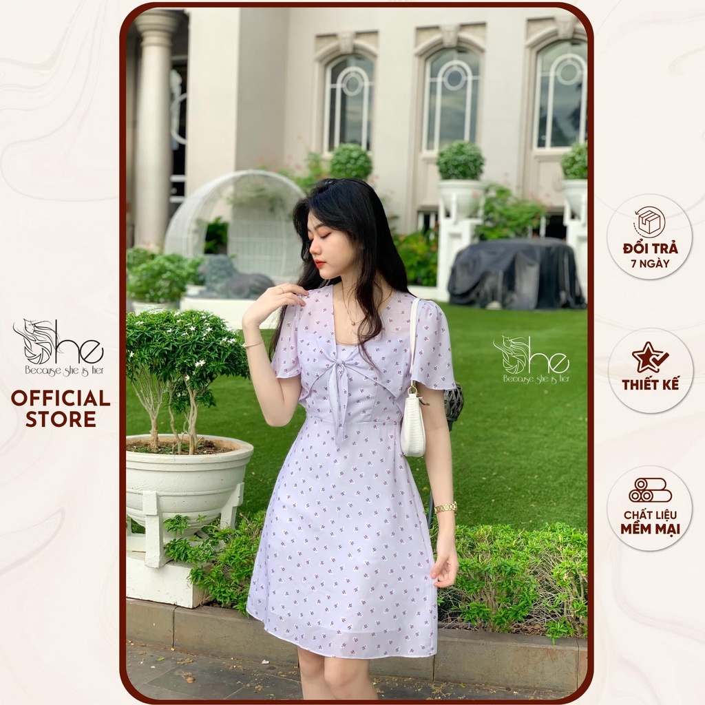 Đầm nữ thắt nơ hoa nhí xinh She, váy hoa thiết kế dáng chữ A dễ thương SDX115