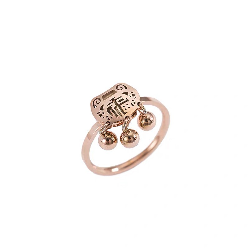 Nhẫn thép titan mạ vàng hồng 18k không phai màu chống gỉ/dị ứng kháng nước mặt khóa trường mệnh rỗng với hạt tròn