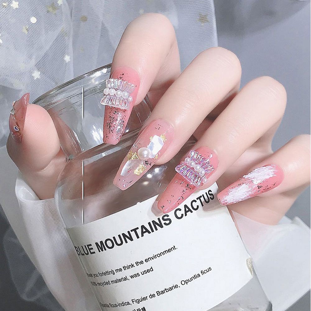 [Hàng mới về] Bộ 60 miếng dán trang trí móng tay hình hoa / gấu / nơ từ acrylic màu trắng cho nữ DIY