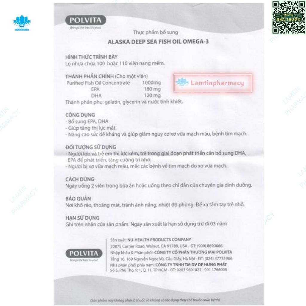 Omega 3 Alaska Tăng cường thị lực, Phát triển não bộ, giảm mỡ máu, hàng chính hãng polvital nhập khẩu usa  Lọ 100 viên