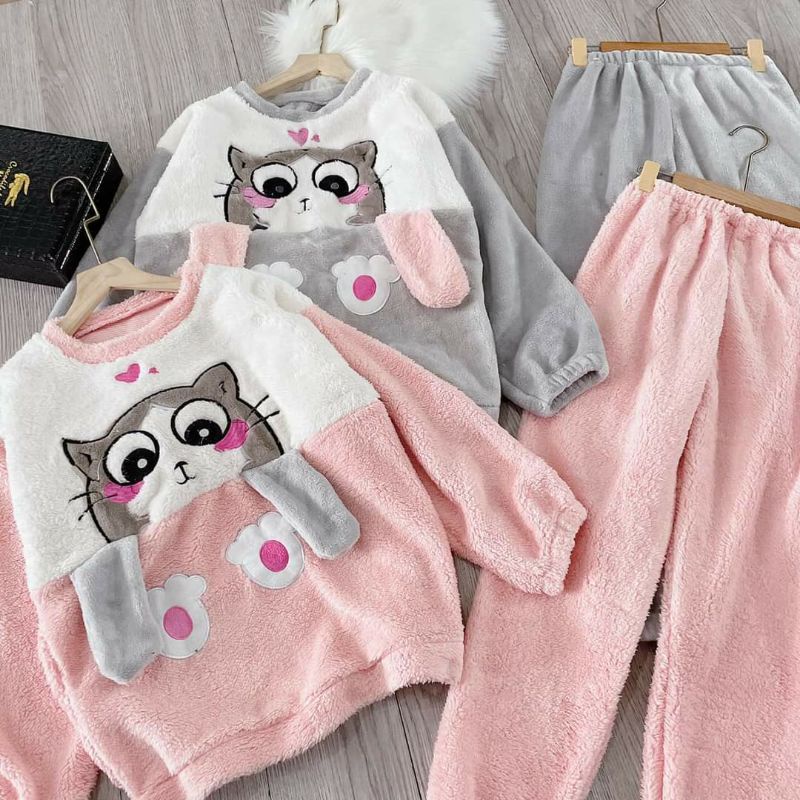 Bộ ngủ mùa đông bộ mặc nhà lông mèo dễ thương lông dày mặc ấm lên dáng xinh | BigBuy360 - bigbuy360.vn