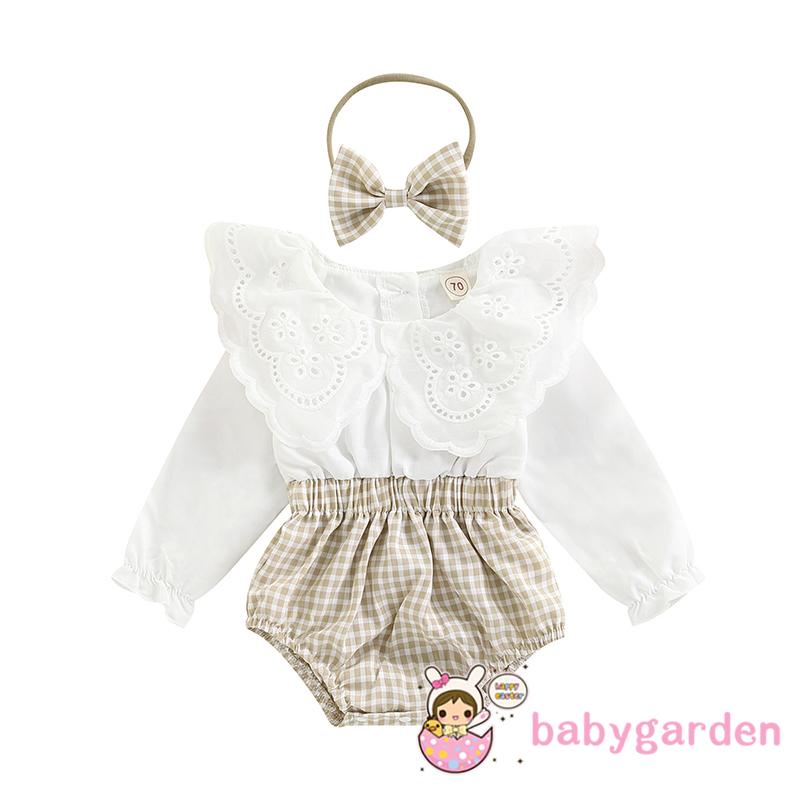 Bộ Áo Liền Quần Tay Dài Cổ Búp Bê Phối Ren Kẻ Sọc + Băng Đô Cài Tóc Thời Trang Mùa Thu Cho Bé Gái 0-18 Tháng Tuổi