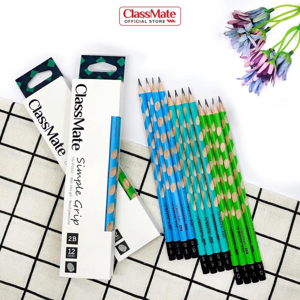 Hộp 12 Bút Chì Gỗ Định Vị 2B CLASSMATE Simple Grip Nét Bút 0.5mm, Ngòi Chắc Chắn, Dùng Để Luyện Chữ Cho Bé CL-PC632