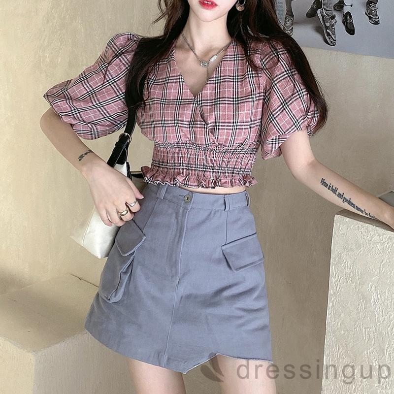 Áo Croptop Tay Lỡ Cổ Chữ V Họa Tiết Ca Rô Thời Trang Dành Cho Nữ