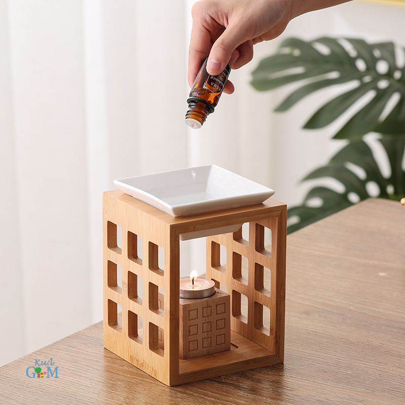 Đèn tre xông đốt tinh dầu khung ô vuông kiểu dáng độc đáo dung tích 150ml- sử dụng nến