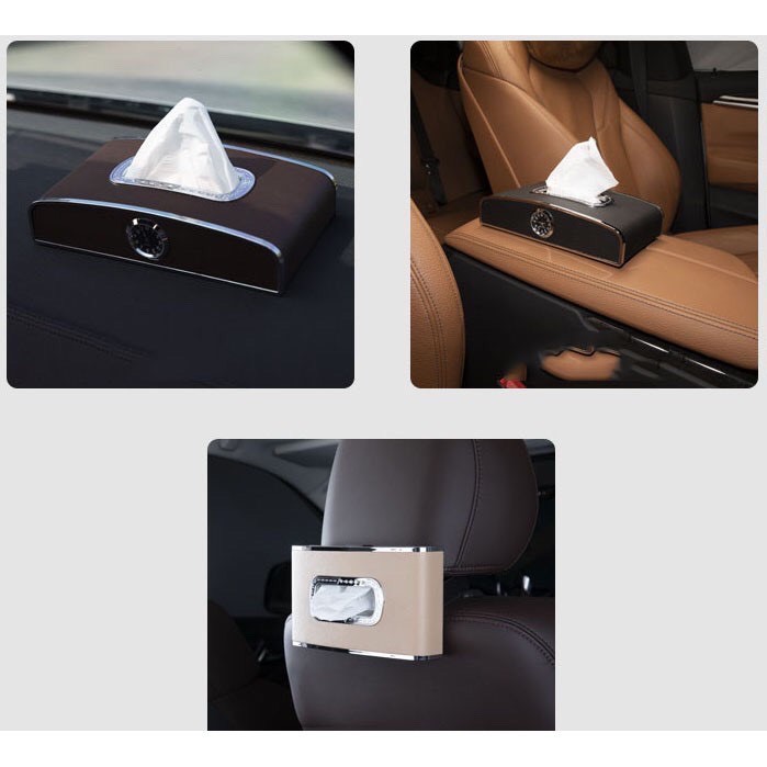 Hộp đựng khăn giấy trên ô tô ❤️FREESHIP❤️ 3 chức năng có Đồng Hồ + Bảng số điện thoại chất liệu da cao cấp- BH 1 đổi 1!