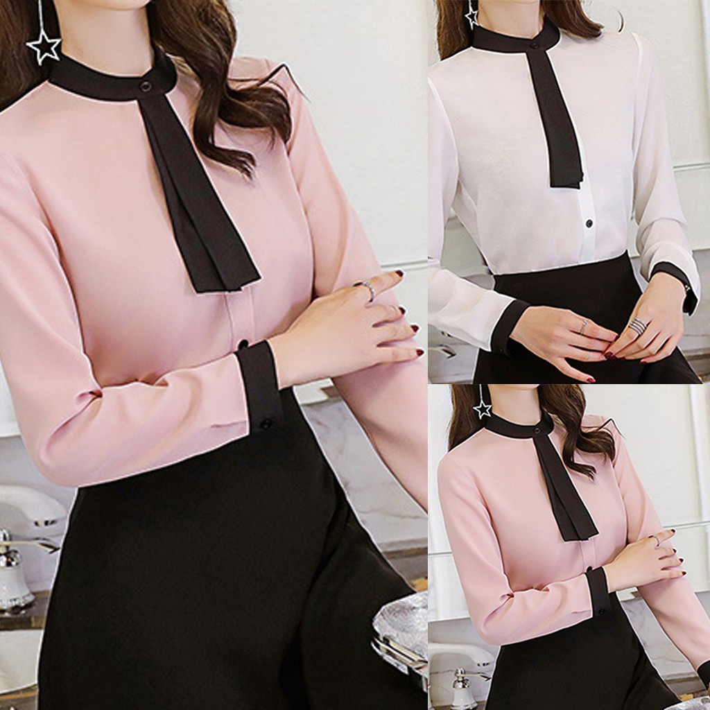 Women Work Office Slim Fit Long Sleeve Solid Chiffon Plus Shirt Top