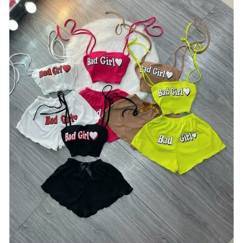 Set Bộ Áo Hai Dây Bad Girl Kèm Quần Sort Thun,Set Bộ Nữ Sang Chãnh