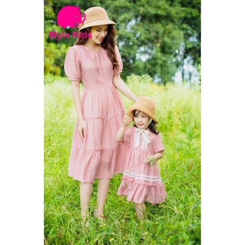 Đầm đôi mẹ và bé gái ngắn tay màu hồng nhạt váy tơ lụa organza an toàn cho bé Myla Kids kèm ảnh feetback của khách