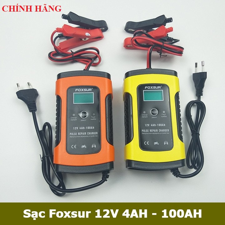 Sạc ắc quy ô tô xe máy 12V 100AH foxsur có khử sun phát thông minh tự ngắt khi đầy