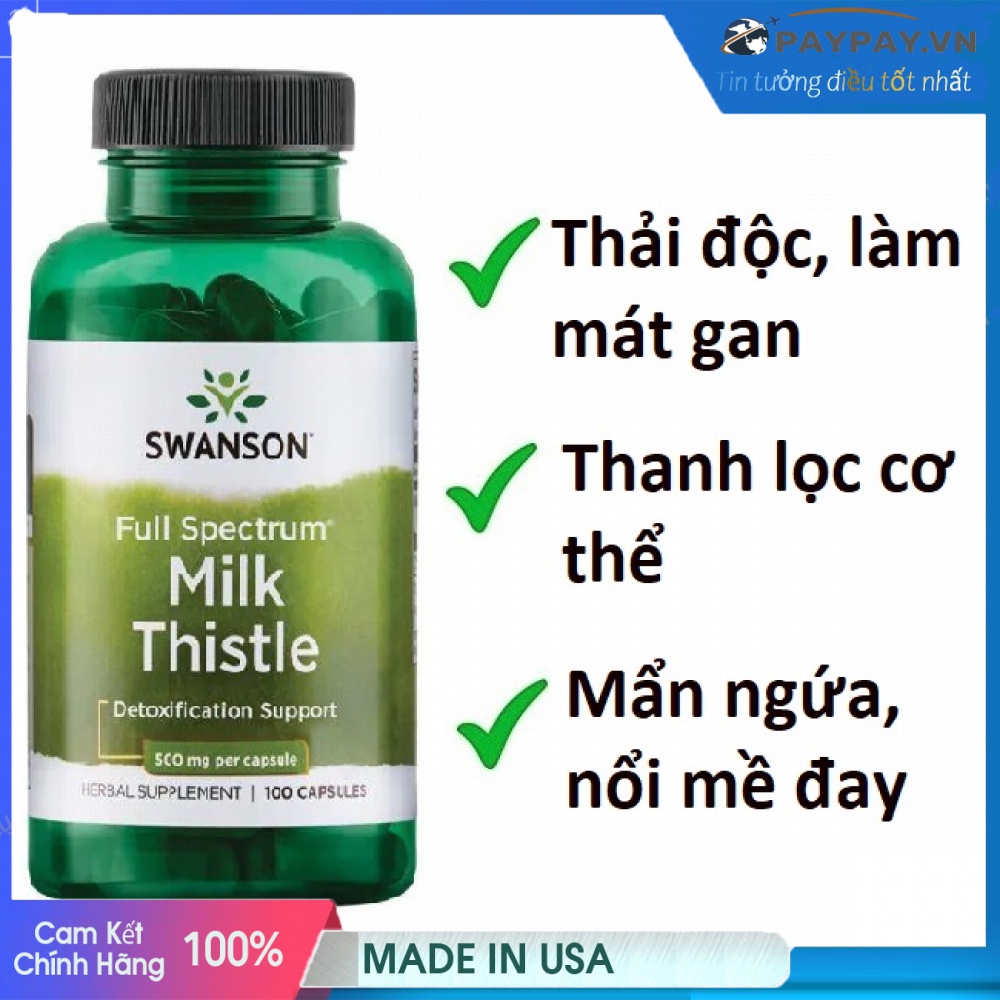 Viên uống giải độc gan hỗ trợ chức năng gan Swanson Full Spectrum Milk Thistle của Mỹ 100 Viên