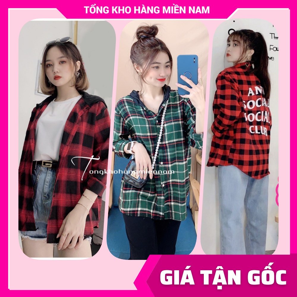Áo sơ mi caro nữ phom to không nón có nón in chữ in họa tiết dễ thương Sơ mi khoác ngoài