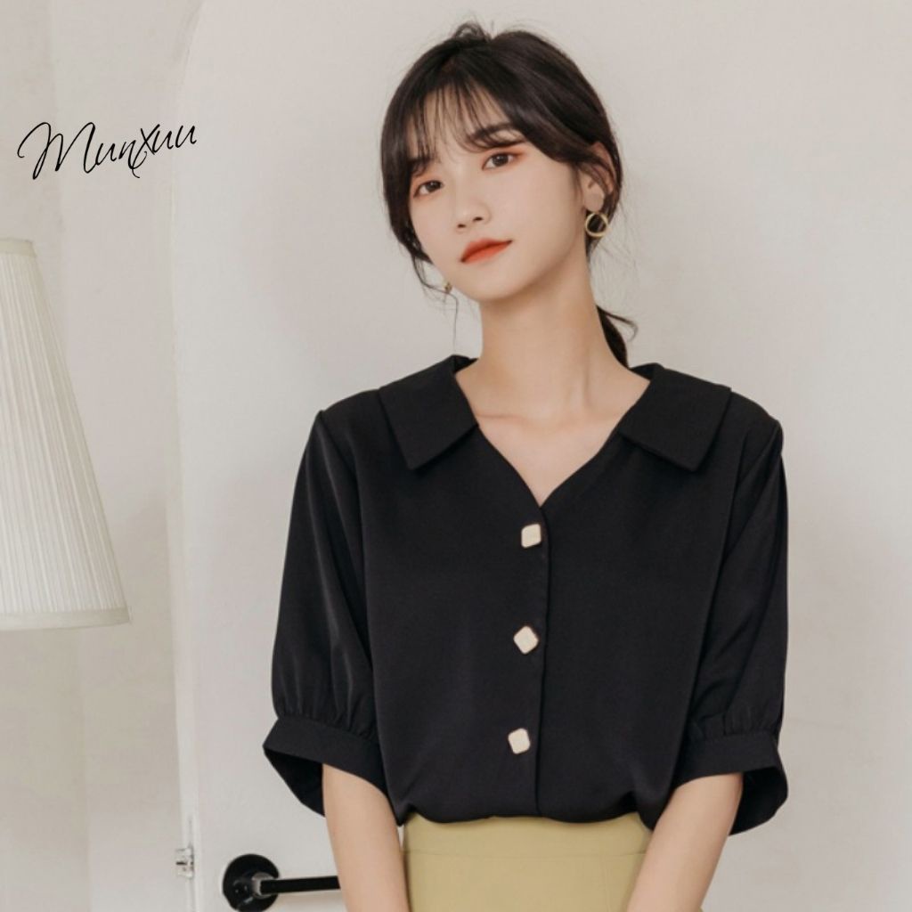 Áo sơ mi nữ kiểu Munxuu tay áo ngắn bồng nhẹ, chất liệu mềm mại chống nhăn thời trang công sở - SP44