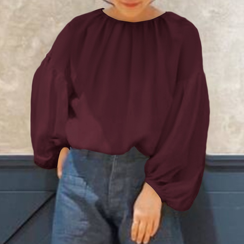 Áo sơ mi kiểu ZANZEA cổ tròn tay phồng dài dễ phối trang phục phong cách Hàn Quốc cho nữ