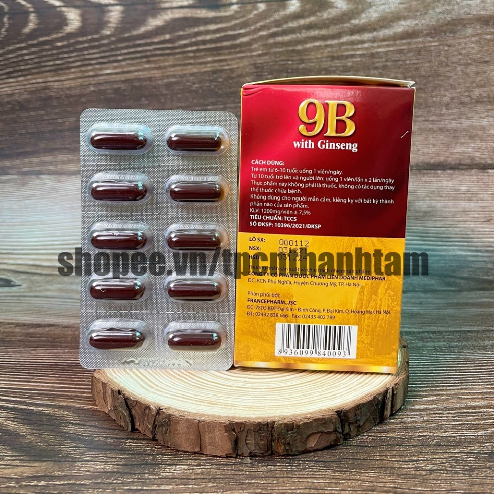 Vitamin tổng hợp 9B bổ sung nhân sâm, đông trùng hạ thảo, nhưng hươu, giúp tăng đề kháng, ngủ ngon, ăn ngon - Hộp 100v