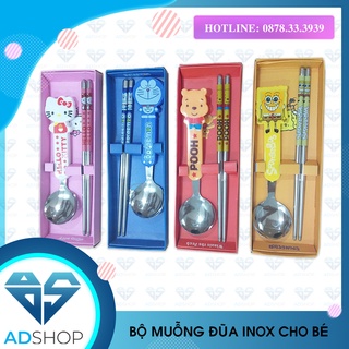 (HÀNG ĐẸP) BỘ MUỖNG ĐŨA INOX CHO EM BÉ, THÌA ĐŨA HOẠT HÌNH CHO TRẺ EM DỂ THƯƠNG