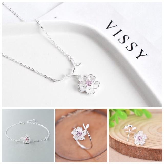 Bộ trang sức bạc hoa anh đào 4 chi tiết ( tặng hộp đựng trang sức) - BTS04