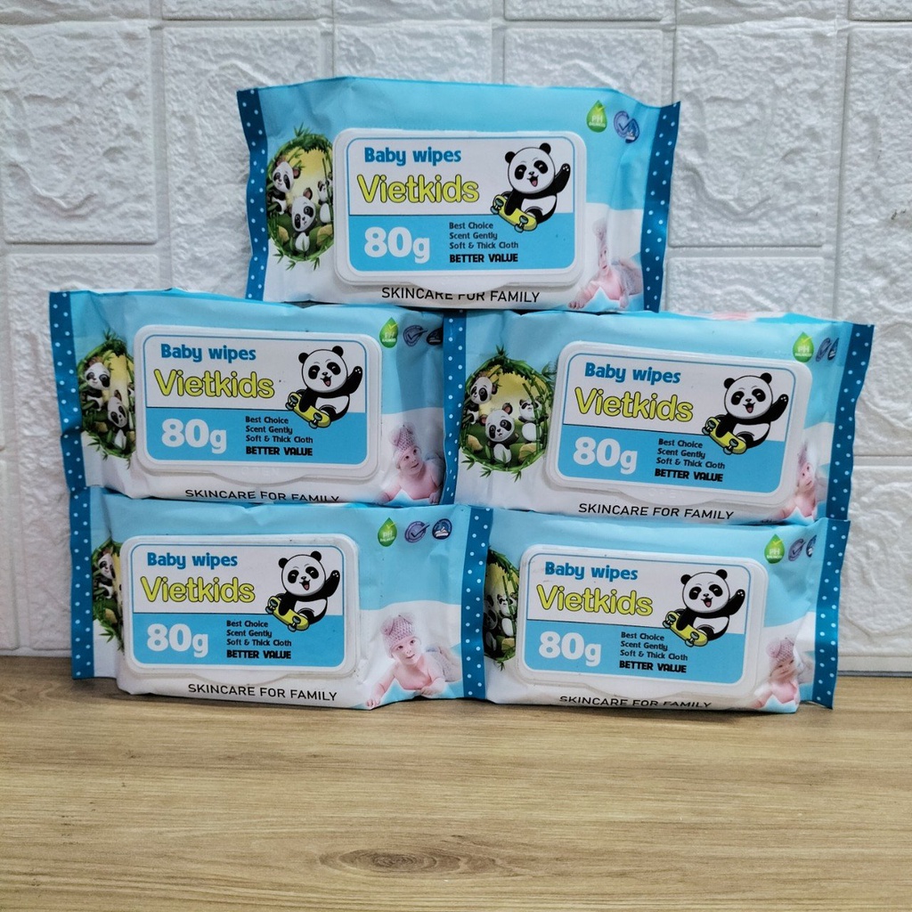 Combo 5 Bịch Khăn Giấy Ướt VietKids Siêu Mềm Mại Mùi Thơm Nhẹ 80gr