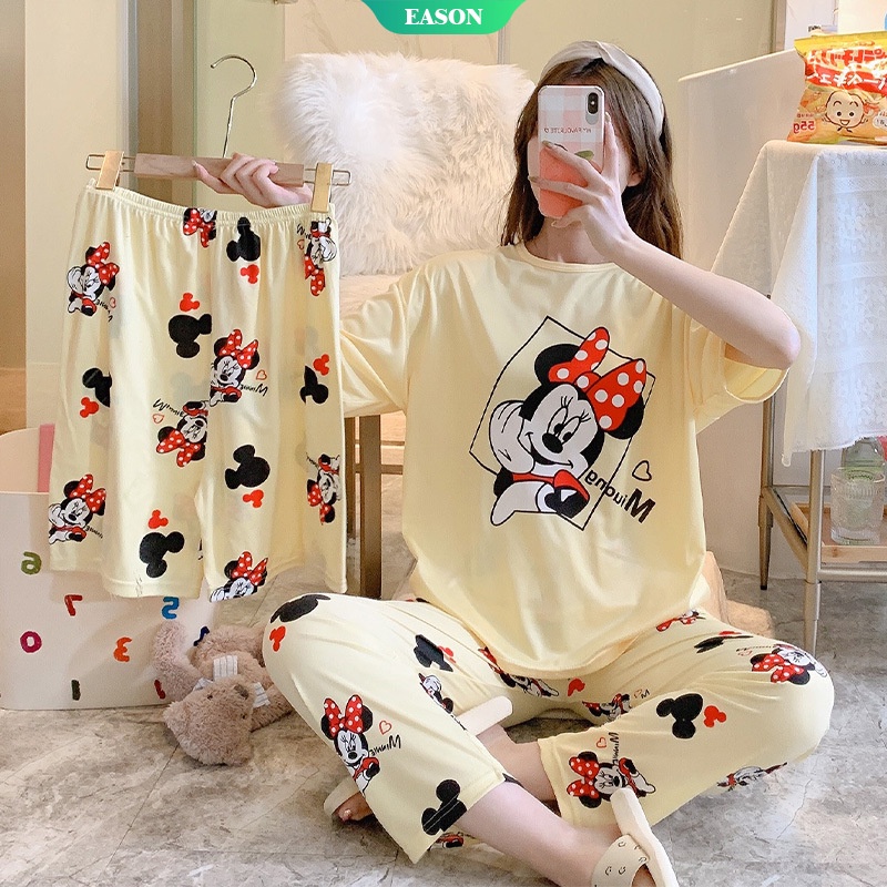 Bộ Đồ Ngủ Ba Món Áo Tay Ngắn + Quần Ngắn In Hình Dành Cho Nữ