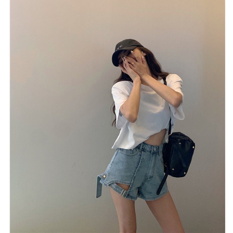 Quần Short Denim Lưng Cao Thiết Kế Không Đồng Đều Cá Tính Thời Trang