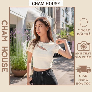 Áo croptop ngắn tay khoét ngực - Áo thun cổ tròn ôm body cực xinh