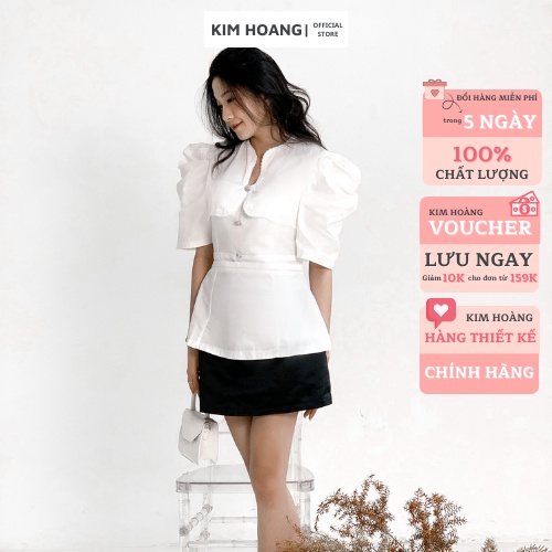 Set áo cộc tay tay bồng phối chân váy ngắn xếp ly Kim Hoàng