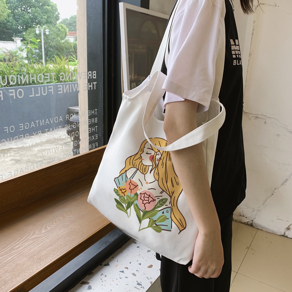 Túi tote túi vải canvas phong cách Hàn quốc, có khóa miệng tiện dụng Cô Gái Tóc Vàng