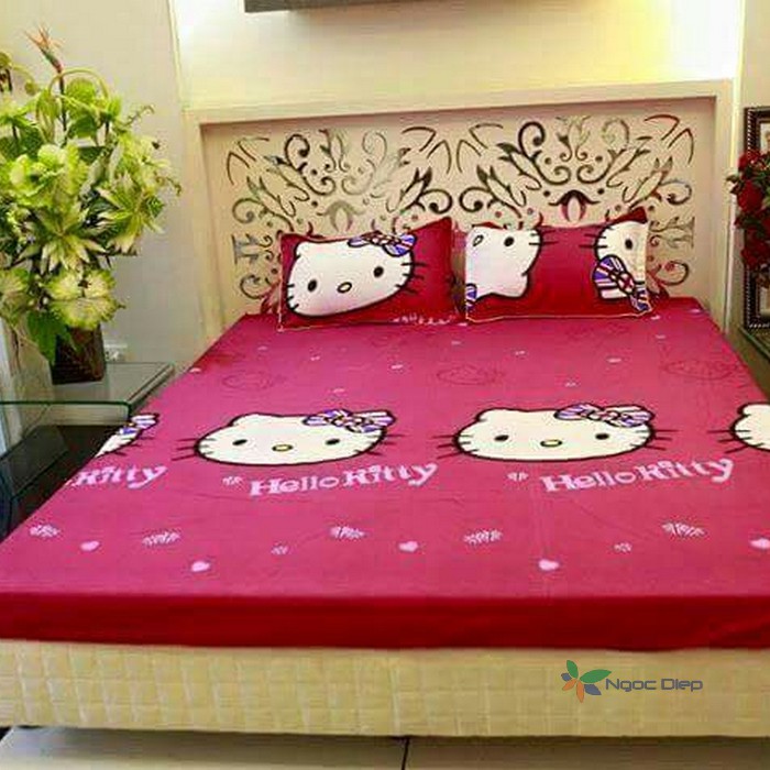 Bộ 3 món ga gối poly cotton kitty đỏ (Kitty cờ Anh)