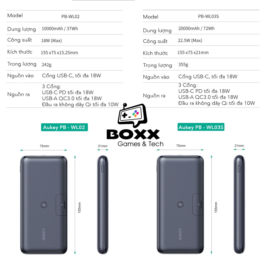 Pin Sạc Dự Phòng 10000mAh Aukey PB-WL02, PB-WL03S 20000mAh PD 18W, QC 3.0, Không Dây Qi 10W