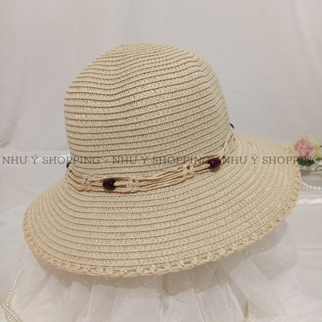 Nón cói,mũ cói nữ đi biển vành nhỏ viền bo cách điệu phối hoa lá dập ly vintage_q12 hoa lá dập ly