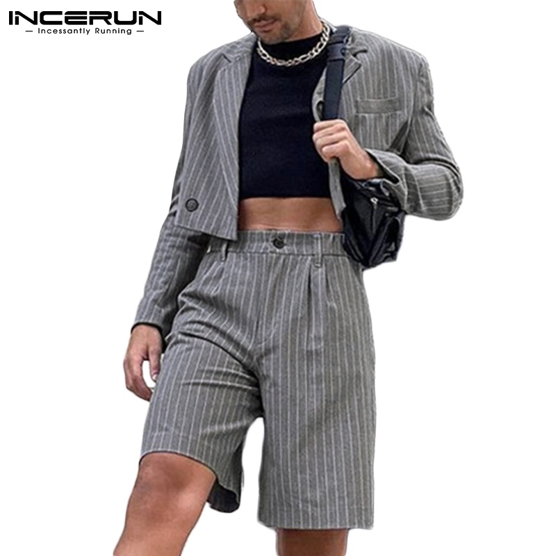 Bộ đồ INCERUN gồm áo khoác blazer và quần đùi họa tiết kẻ sọc thời trang dành cho bạn nam