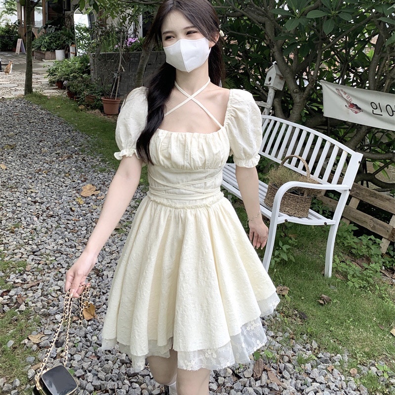 Đầm Nữ Lily Dáng Xoè Cổ Vuông Tay Bồng Bắt Chéo Dây Nữ Tính Đầm Dự Tiệc Sang Trọng Mẫu Summer 2022