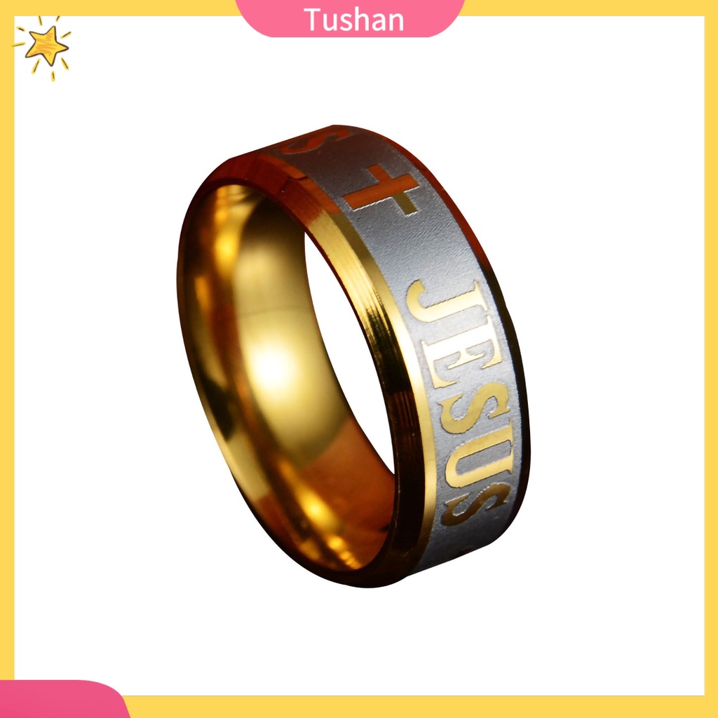 Nhẫn thép không gỉ họa tiết khắc thập giá và chữ Jesus độc đáo thời trang
