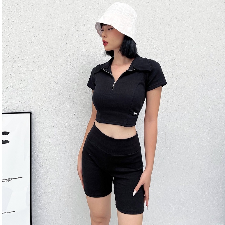 Áo croptop nữ ngắn tay logo TOPTIFY cổ polo dây kéo Day Dreams Top AC07