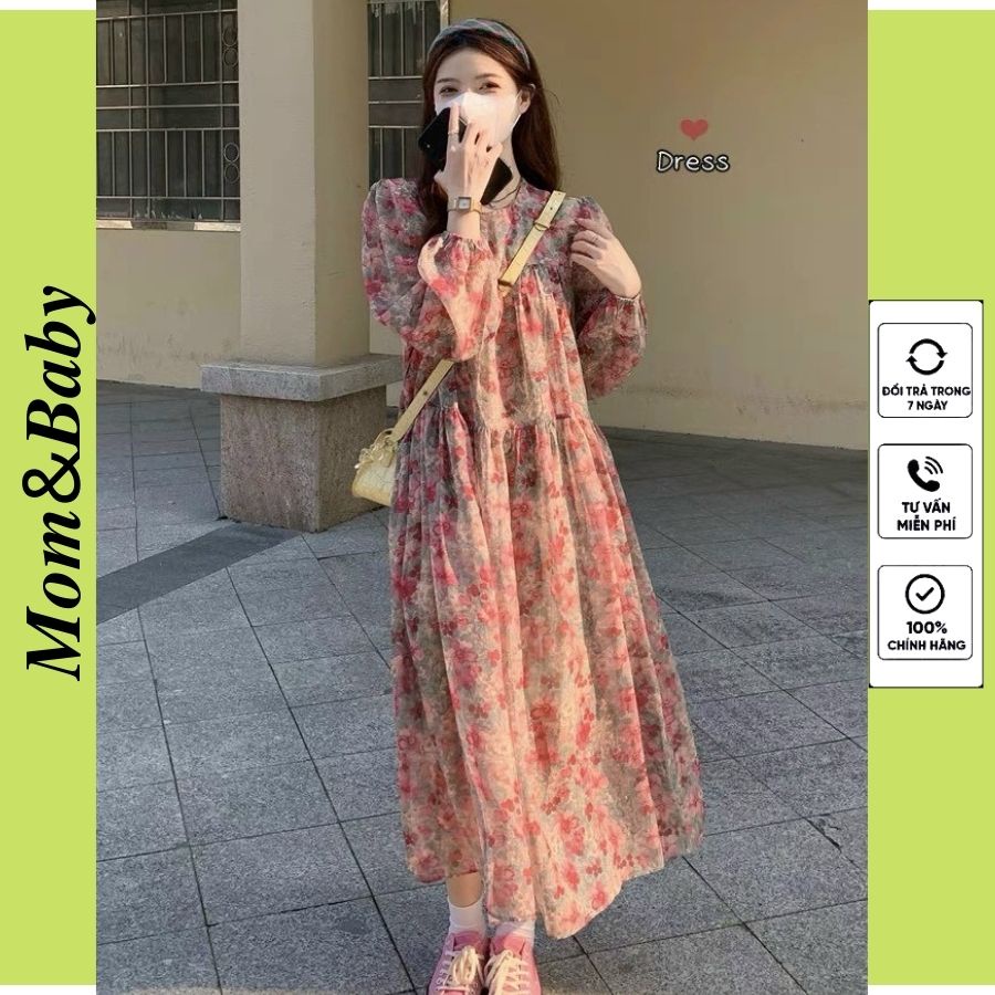 Váy bầu dáng xuông dài tay M538 vải lụa tơ mềm mát thời trang thiết kế Mom and Baby