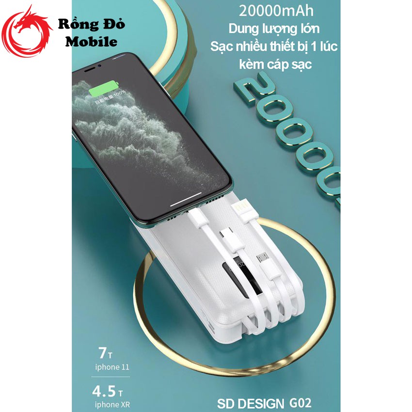 Sạc dự phòng SD DESIGN G02 dung lượng 20000 mAh 4 đầu ra USB Lighting Type C Micro chính hãng bảo hành 12 tháng