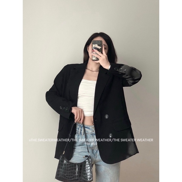 Áo khoác vest blazer nữ basic dài tay đệm vai dáng rộng 2 khuy cài, túi ngang mở thanh lịch tag TSW