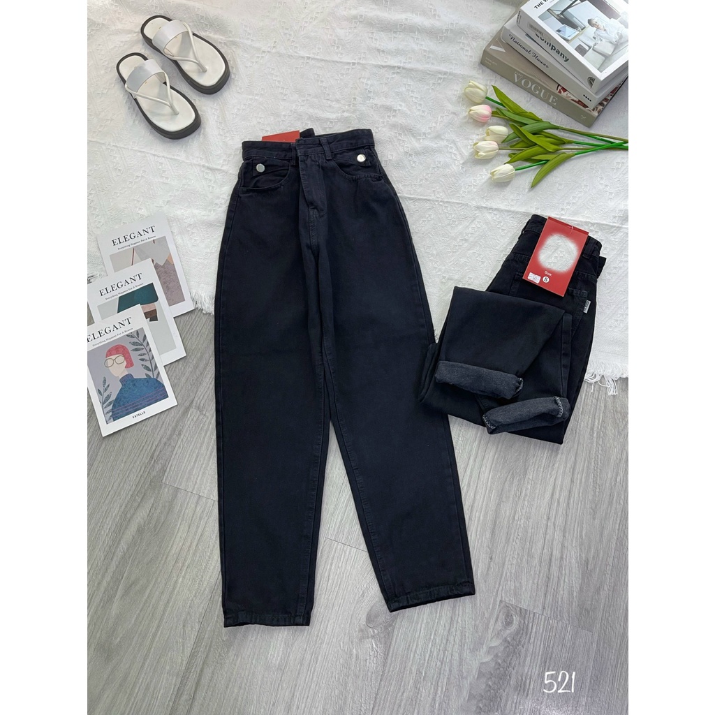 [BGHL521] QUẦN BAGGY JEANS NỮ LƯNG CAO 2 TAM GIÁC TÚI PHỐI 2 NÚT MÀU XÁM NHẠT ĐEN LAI CUỐN DÀY DẶN NITIQC